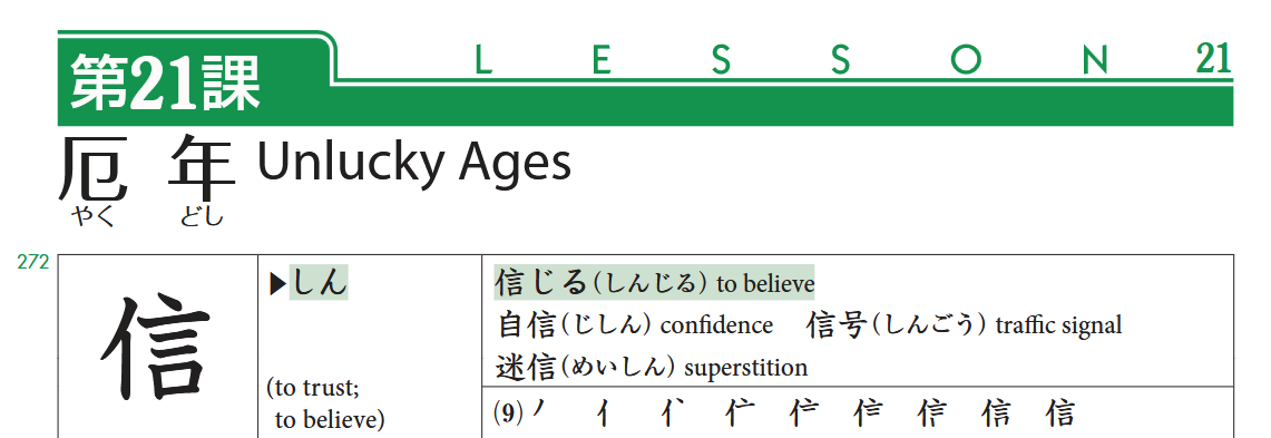 Lesson kanji from a Genki II chapter.