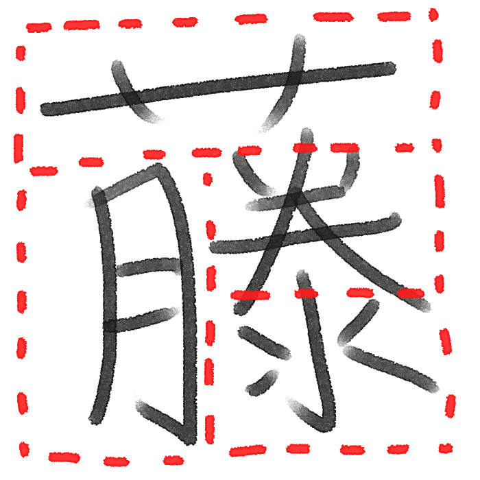 Dotted red boxes around kanji components.