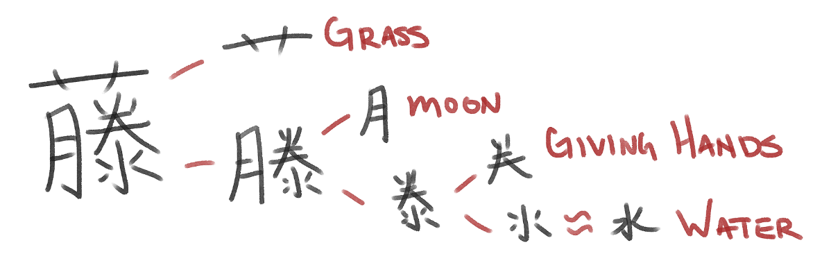 Tree diagram breaking down the kanji for wisteria.